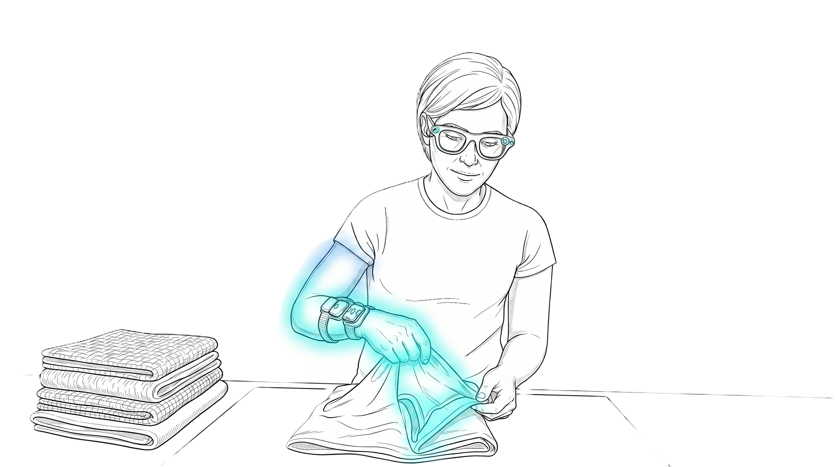 Line drawing of an elderly person using the ORAISIS wearable system with FES-assisted hand to handle daily activities like reading and writing