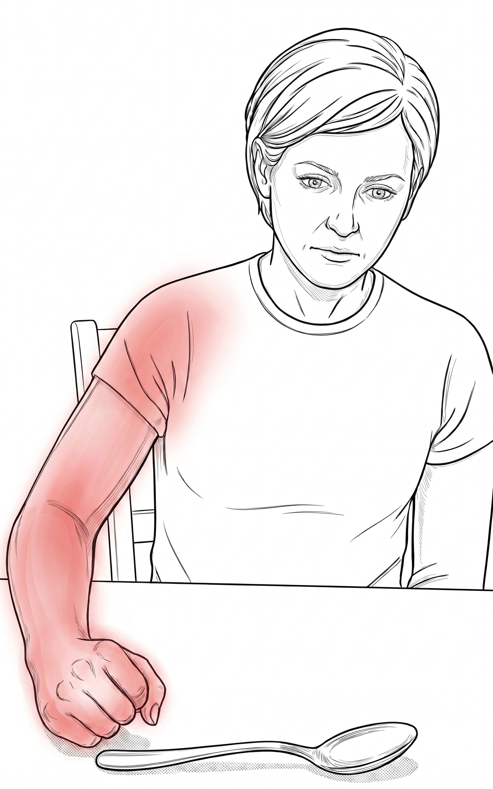 Stroke patient struggling to reach a spoon due to hand paralysis, arm highlighted in red